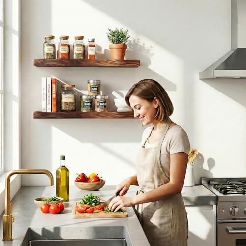 Floating Shelves for Wall Rustic Farmhouse 24 Inch Floating Shelf Wooden Shelves for Wall Pine Wood Shelf with Unique Natural Grain for Living Room Bedroom Kitchen (Espresso) - color: Espresso - Flat Edge, size: 24 inch - 2pcs