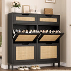 Jocoevol Rattan Shoe Cabinet for Entryway with 4 Flip Drawers and 2 Drawers, Narrow Freestanding Shoe Storage Cabinet with Metal Legs for Entryway/Hallway/Foyer (Black) - color: Black