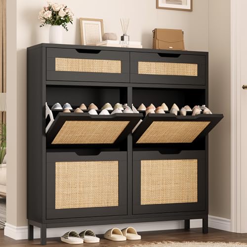 Jocoevol Rattan Shoe Cabinet for Entryway with 4 Flip Drawers and 2 Drawers, Narrow Freestanding Shoe Storage Cabinet with Metal Legs for Entryway/Hallway/Foyer (Black) - color: Black