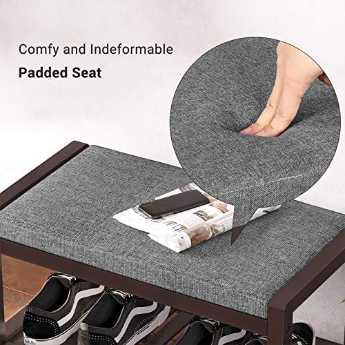 SONGMICS Shoe Rack Bench with Cushion Upholstered Padded Seat, Storage Shelf, Shoe Organizer, Holds Up to 350 lb, Ideal for Entryway Bedroom Living Room Hallway Garage Mud Room Gray and Brown ULBS65C - color: Gray + Brown