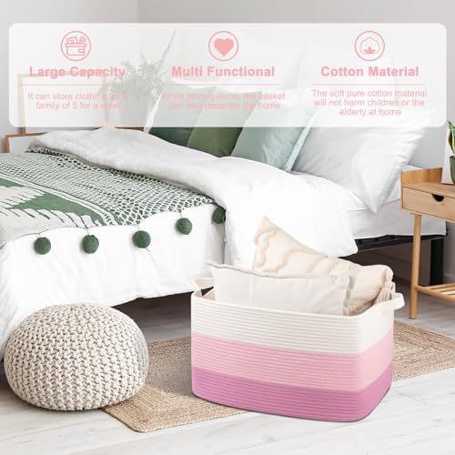 OIAHOMY Large Blanket Basket, 65L Cotton Rope Woven Laundry Basket, Toy Bin for Baby Room, Container for Blanket Storage in Living Room, 20''×16''×12'', Gradient Pink - color: Gradient Pink, size: 65L
