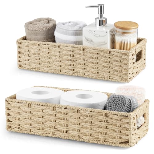 dreamkey Set of 2 Wicker Toilet Paper Storage Baskets, Hand-Woven Paper Rope Bathroom Organizer for Toilet Tank Top & Countertop, Decorative Nesting Baskets with Handles, Beige - style: Paper Rope