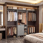 Aheaplus Closet System, Closet Organizer with 3 Wooden Drawers, 8FT Closet Organizer System, 96’’ Walk-in Closet Wardrobe Clothes Rack with Hanging Rods, Garment Rack, Fits 5.3-9 ft, -G6, Grey - color: Grey