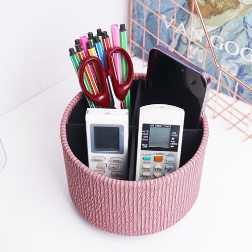 Round Leather Art Supply Organizer,Remote Control Holder,360 Degree Spinning,Multi-Functional Pencil Holder,4 Compartments Desktop Stationary Organizer(1-Wood Pink) - color: 1-Wood Pink