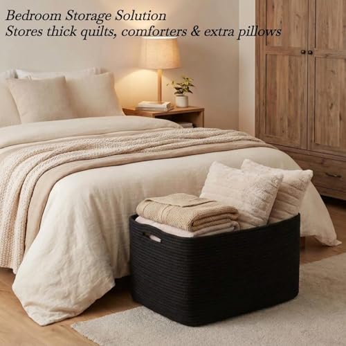 Optish 75L Blanket Basket, Large Woven Baskets for Storage, Blanket Storage for Living Room, Rope Basket with Handles for Bedroom, Nursery, Toys, Clothes, 22” x 17” x 11.5”, Black - color: Black, size: 22" x 17" x 11.5"(75L)