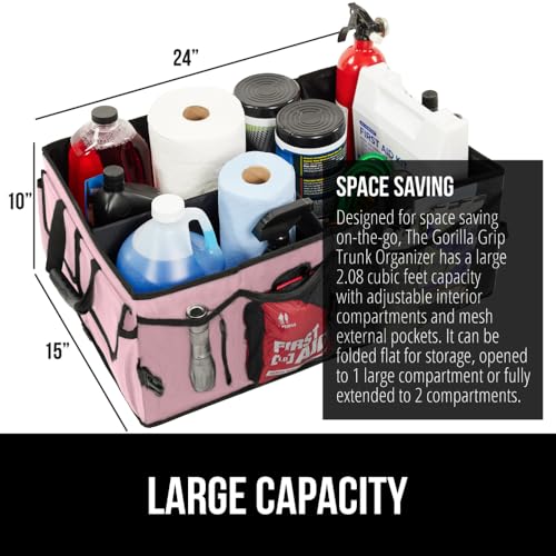 GORILLA GRIP Trunk Organizer for SUV and Cars, Large Capacity Collapsible Car Trunk Storage Organizer, Heavy Duty Car Accessories, Gifts for Mom and Dad, Slip & Water Resistant Multi Compartment, Pink - color: Pink