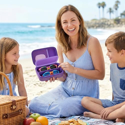 GWCASE Travel Glasses Organizer & Contact Lens Case - Adjustable Slots, Built-in Mirror, Tweezers, Solution Bottle & Hand Strap, Universal Fits Eyelasses/Sunglasses for Men & Women – Purple - color: Purple