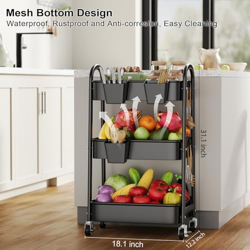3 Tier Rolling Cart Metal with Wheels, Heavy Duty Three Tiered Rolling Storage Cart on Wheels, Black Utility Roller Carts Organizer for Baby, Art, Craft, Snack,Book, Nail, Diaper Caddy, Cleaning, Dorm - color: Mystic Black, size: 3 Tier+Cups+Hooks