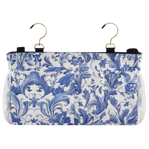 Bedside Caddy Metal Frame Hanging Organizer Bunk Bed Dorm Accessories Hook And Loop Storage Bag Large Pockets Blue Retro Flower Bohemian01 - color: Blue Retro Flower Bohemian01
