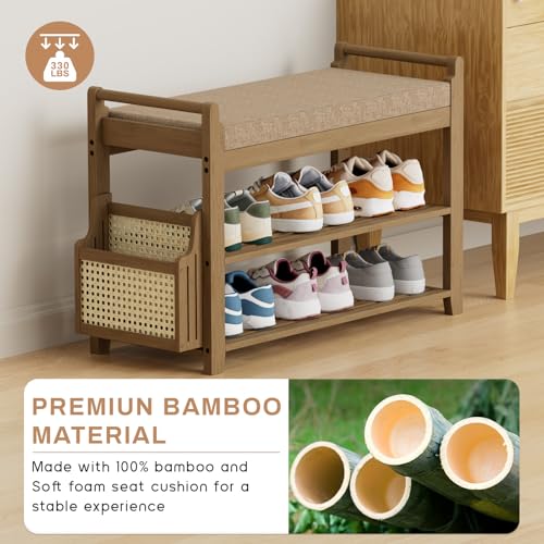 Homaxy 2-Tier Shoe Rack Bench with Side Holder, 28.2 in Bamboo Entryway Bench, Shoe Rack Organizer with Cushion for Front Entrance, Hallway Living Room Bedroom, Walnut and Light Brown - color: Walnut and Light Brown, size: 28.2 in