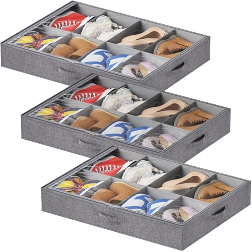 Lifewit Under Bed Shoe Storage Organizer Fits 8 Pair Sneakers, 4.3 Inches Tall Sturdy Structure Ultra Thick Fabic Sneaker Storage, Foldable Underbed Shoe Boxes for Heels, Boots, Sports Shoes 3 Pack - size: 50L