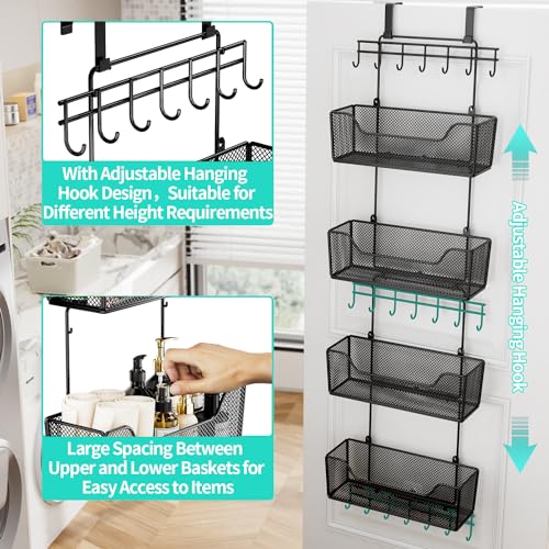HapiRm Over The Door Organizer - Hanging Door Organizer with 4 Metal Large Capacity Baskets and Adjustable Coat Hook for Bathroom Bedroom Kitchen Pantry Closet Cabinet - color: Black
