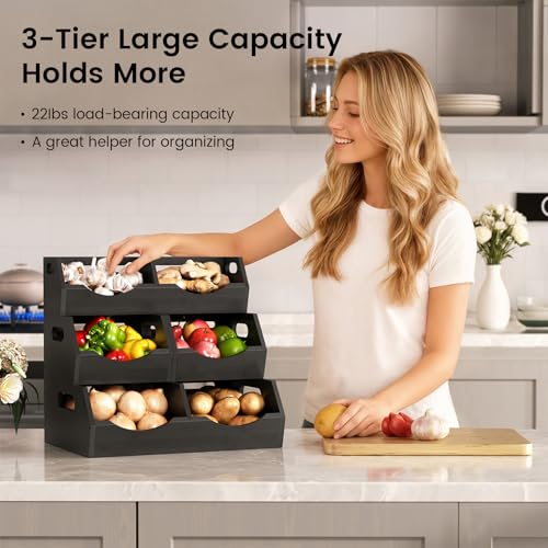 Potato Storage Bins Onion, 3 Tier Bamboo Pantry Storage Bin Stackable Ventilated Organizer for Kitchen, Pantry, Countertop, Bathroom, Black - color: Black