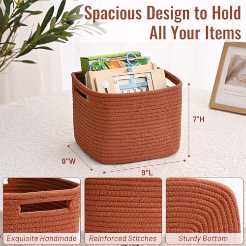 3 Pack Cube Storage Bin, 9”x9”x7” Cotton Rope Woven Baskets for Organizing Toys Clothes Towels, Square Gift Storage Baskets for Shelves, Nursery, Closet, Bathroom, Pantry (Red) - color: Red, size: 9" x 9" x 7"