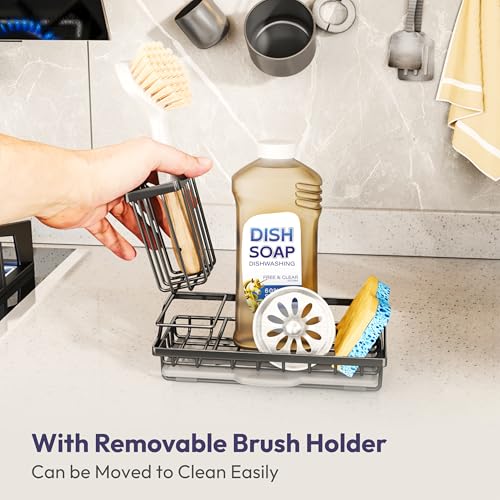 SWTYMIKI Sink Caddy Sponge Holder - Kitchen Sink Organizer with High Brush Holder for Countertop to Hold Dish Soaps and Sponges, Stainless Steel, Black - color: Black, size: Medium