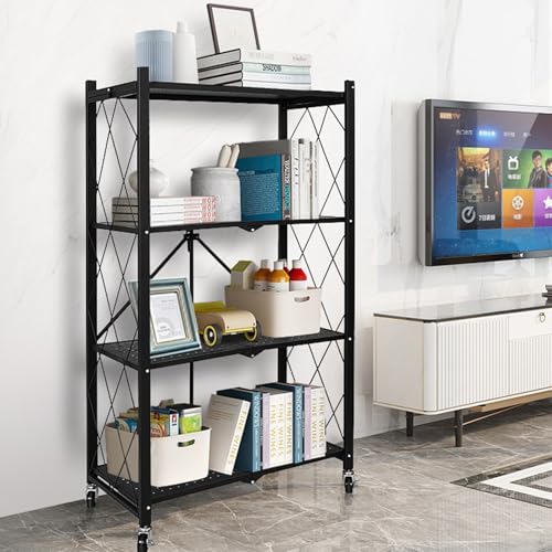 Life Hacks 2pcs 4-Tier Foldable Shelves for Storage, No Assembly Required, Folding Shelf Unit Pantry Shelves with Wheels, Metal Shelving Storage Rack Shelf for Kitchen Garage Home