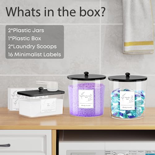 COAZEX 3 Pack Laundry Powder Container & Dryer Sheet Holder, Plastic Laundry Room Organization and Storage Jars with Lids, Labels & Scoops for Powder, Detergent, Scent Booster (Black Lid) - color: A-Clear(Black Lid)