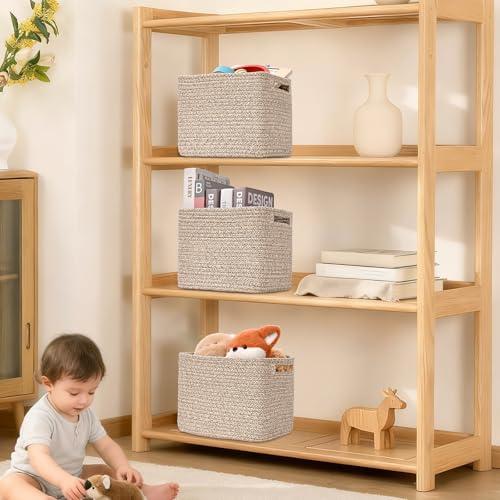 3 Pack Cube Storage Bin, 9”x9”x7” Cotton Rope Woven Baskets for Organizing Toys Clothes Towels, Square Gift Storage Baskets for Shelves, Nursery, Closet, Bathroom, Pantry (Jute) - color: Jute, size: 9" x 9" x 7"