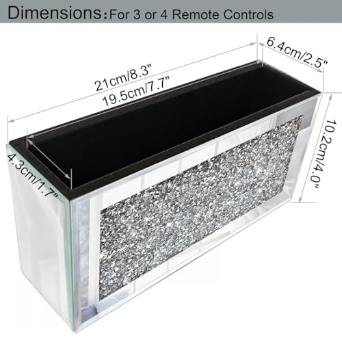 GOTHICO Mirrored Remote Holder, Wall Mounted Crush Diamond Bling Decoration Organizer Storage Box for Remote Phone Pad Wallet Notebook (8.3"×2.5"×4" For 3 or 4 Remote Controls)
