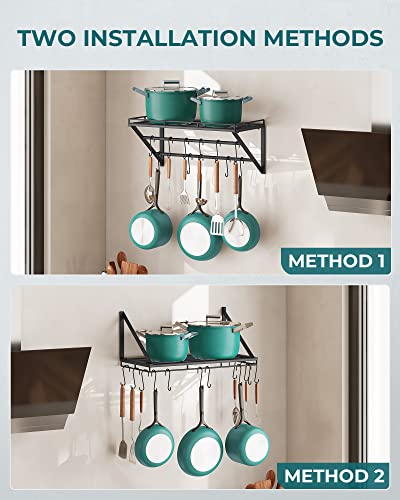 OROPY 23 Inch Wall Mounted Pot Rack Storage Shelf with 2 Tier Hanging Rails 12 S Hooks included, Ideal for Pans, Utensils, Cookware, Plant Black - size: 23.7 Inch