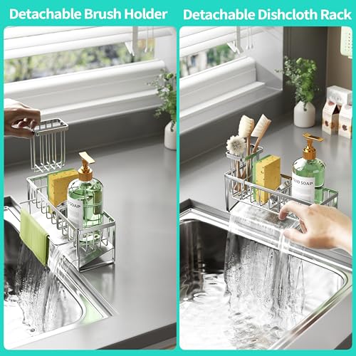 HapiRm Sponge Holder for Kitchen Sink - Self-draining Sink Caddy with Brush and Dishcloth Holders with Sloping Drainage - Silver - color: Silver-sloping, size: with Dishcloth Holder