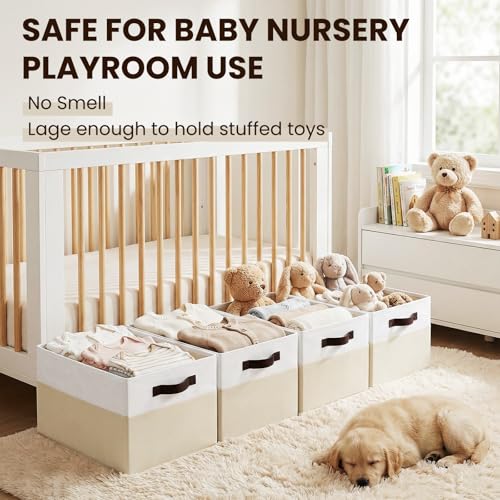 Criusia 6 Pack Large Toy Box Chest, Collapsible Sturdy Toy Storage Organizer Bins Baskets for Kids, Boys, Girls, Nursery, Playroom, Shelf Baskets for Lego Puzzle Balls, Game Organizer (14L*10W*9.5H) - color: White with Beige, size: 6pcs - Rectangular 14"x