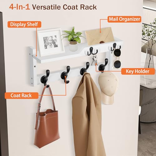 dreampossible Coat Rack Wall Mount with Shelf, Coat Hanger Wall Mount with Key Hooks and Mail Holder, Wood Entryway Floating Shelf with Hooks and Storage, Hat Rack for Wall Key Holder Mail Organizer - color: White, size: 16.6 Inch Long