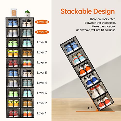 Amllas 12 Pack Shoe Boxes Stackable,Upgraded Sturdy Shoe Storage Boxes with Clear Magnetic Door,Multifunctional Sneaker Storage, Shoe Box Organizer Fit up to US Size 12 Gray(13.8”x 9.84”x 7.1”) - color: Gray, size: 12 Pack