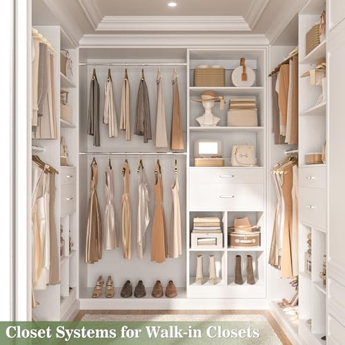 Besiost Closet System, 4-8 FT Closet Organizer Tower with 2 Wooden Drawers and Shelves, Can Fit 60 to 96 inch Walk-in Closet System with 5 Hanging Rods, Built-in, White - color: White