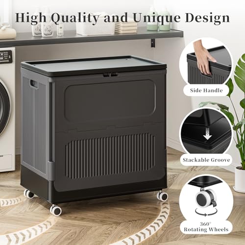 HAIXIN HOME 130L Rolling Laundry Hamper with Lid, Large Plastic Laundry Basket for College Dorm, Foldable Stackable Dirty Clothes Hamper Organizer for Industry, Bedroom, Living Room, Bathroom - Black - color: Black, size: 130L - 1 Pack