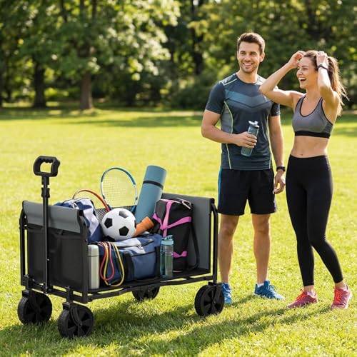 3-in-1 Portable Collapsible Wagon, Foldable Cart with Removable Side, Utility Groceries Wagon Cart for Dogs Pets Shopping Camping Beach Sports Gardeing Fishing, Black - size: 120L