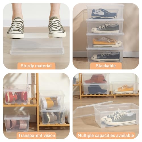 Stackable Clear Storage Bins with Lids Shoe Boxes 12 Packs Plastic Storage Containers 6 Quart Latching Plastic Shoe Boxes With Lids (Clear)