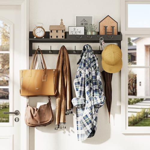AMBIRD 35 inch Wall Hooks with Shelf, Coat Rack Wall Mount, Large Coat Hanger for Wall, Entryway Shelf with 7 Dual Coat Hooks, 4 Key Hooks and Mail Organizer, Wooden Key Holder Rack (Black) - color: Black, size: 35" L