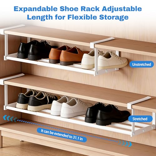 VZZNN 4 Pack Expandable Shoe Rack Organizer, Adjustable Under Shelf Storage for Shoes, Closet Cabinet Shelf Organizer for Home Organization and Space Saving (White)