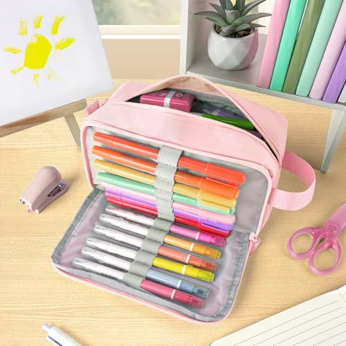 Sooez Original High Capacity Pencil Case, Big Pencil Bag Pouch Box Organizer Pen Case, Aesthetic Supply for Girls Adults, Portable Journaling Supplies with Easy Grip Handle & Loop, Pink - color: Light Pink