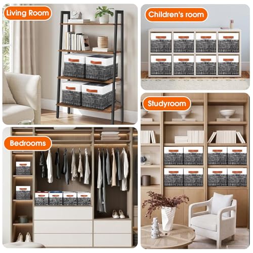 Fab totes Collapsible Storage Baskets for Shelves,14"x10", 8 Pack Foldable Fabric Storage Bins with Double Leather Handles, Large Baskets for Organizing Books, Clothes, White & Black - color: Black, size: 8pack