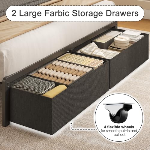 Fluest Queen Bed Frame with 2 Drawers, Upholstered Headboard with Storage and Charging Station, LED Lights, Fabric Drawers with Wheels, Under Bed Storage, No Box Spring Needed, Easy Assembly, Grey - size: Queen