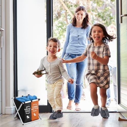 Wonderjune Foldable Disposable Shoe Cover Box Dispenser Fabric Storage Bin Holder with Used Shoe Covers and Welcome Please or Remove Sign for Open House Supplies (Black, Orange) - color: Black, Orange