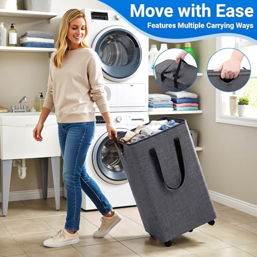 Laundry Basket with 5 Wheels, Tall Dirty Laundry Hamper, Rolling Laundry Basket with Lid, Large 100L Collapsible Clothes Hamper for Laundry Room Bedroom Bathroom Dorm, Light Gray - color: Light Gray, size: 100L