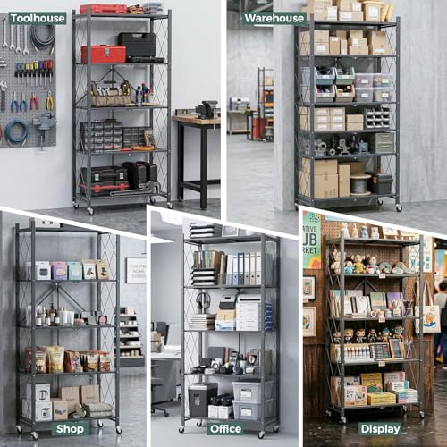 DEANIC 70.7" Tall Extra Large 5-Tier Folding Storage Shelf with Wheels, No Assembly Collapsible Metal Rack with Leveling Feet for Garage, Pantry, Basement, Vendor Display, Kitchen(Gray,1 Pack) - color: Grey