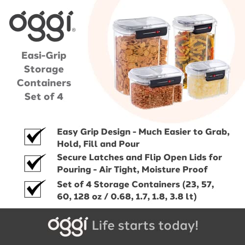 Oggi Easi Grip Moisture Proof Storage Containers, Set of 4, Ultra Clear BPA-Free Sealable Canisters, Pouring Lids, Date Reminder, Ideal Pantry Storage (23, 57, 60, 128 oz / 0.68, 1.7, 1.8, 3.8 lt) - size: Set of 4 (23, 57, 60, 128 fl oz)