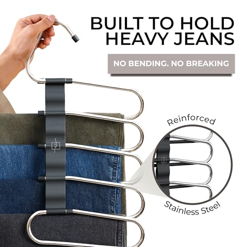 MORALVE Pants Hangers Space Saving - 2 Pack - Non-Slip Multi-Layer Space Saving Hangers - Multifunctional Clothing Rack for Closet Storage - Ideal for Jeans, Trousers, Skirts, Scarves & Slacks (Black) - size: 2 Pack