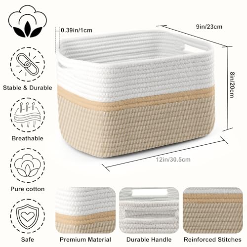 4 Pack Storage Baskets for Organizing, 12''Lx9''Wx8''H Woven Baskets for Storage Toys, Towels, Books, and Clothes, Cotton Rope Basket for Shelves with Handle - color: White & Beige