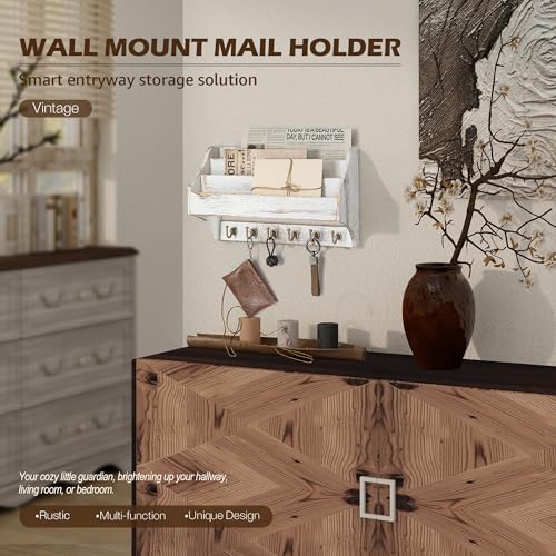 Rebee Vision Pine Wood Key Holder Wall Mount - Farmhouse 3-Tire Mail Holder for Wall with 6 Key Hooks for Home Decor- Multifunctional File Organizer for Entreyway, Living Room (Whitewash) - color: Whitewash