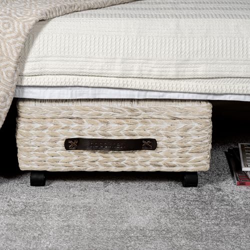 happimess BSK1006D Chett 26.38" Minimalist Hand-Woven Hyacinth/Wood Underbed Storage Bin with Wheels and Handles, White Wash/Dark Brown for Storage and Decoration in Bathroom, Bedroom, Living Room - color: White Wash/Dark Brown