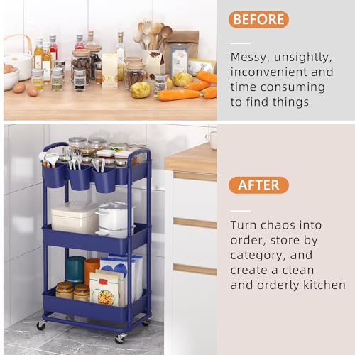 JIUYOTREE 3-Tier Plastic Rolling Storage Cart Utility Cart with Extra Hanging Cups Handles Lockable Wheels for Living Room Bathroom Kitchen Office Blue - color: Blue, size: 3-Tier