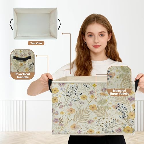 Watercolor Wildflower Storage Box Bins, Vintage Cottagecore Botanical Floral Collapsible Storage Basket Organizer for Bedroom Laundry Room Home Clothes Toys Books, Toybox for Girls - color: Floral D