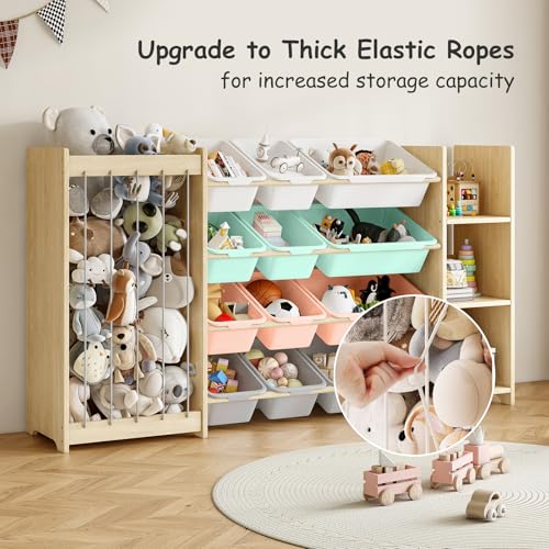 EXPERLAM 3-in-1 Toy Storage Organizer, Stuffed Animal Holder & 3-Tier Bookcase, Solid Wood Toy Organizer with 12 Storage Bins, Space-Saving Toy & Book Shelf for Kids Rooms, Bedroom, Playroom, Multi - color: Multi Color