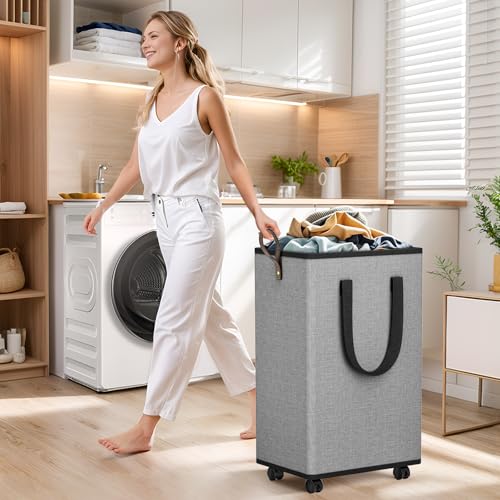 SpaceTrove Laundry Basket with Wheels, Collapsible Laundry Baskets, Laundry Hamper with Handles Detachable Wheels, Rolling Laundry Basket, Dirty Clothes Hamper for Bathroom, Dorm, Bedroom, Grey, 100L - color: Grey, size: 100L