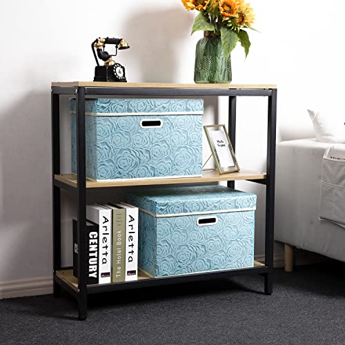 PRANDOM Larger Collapsible Storage Cubes with Lids Fabric Decorative Storage Bins Boxes Organizer Containers Baskets with Cover Handles for Bedroom Closet Living Room Blue 17.7x11.8x11.8 Inch 3 Pack - color: Blue, size: Large(3-Pack)